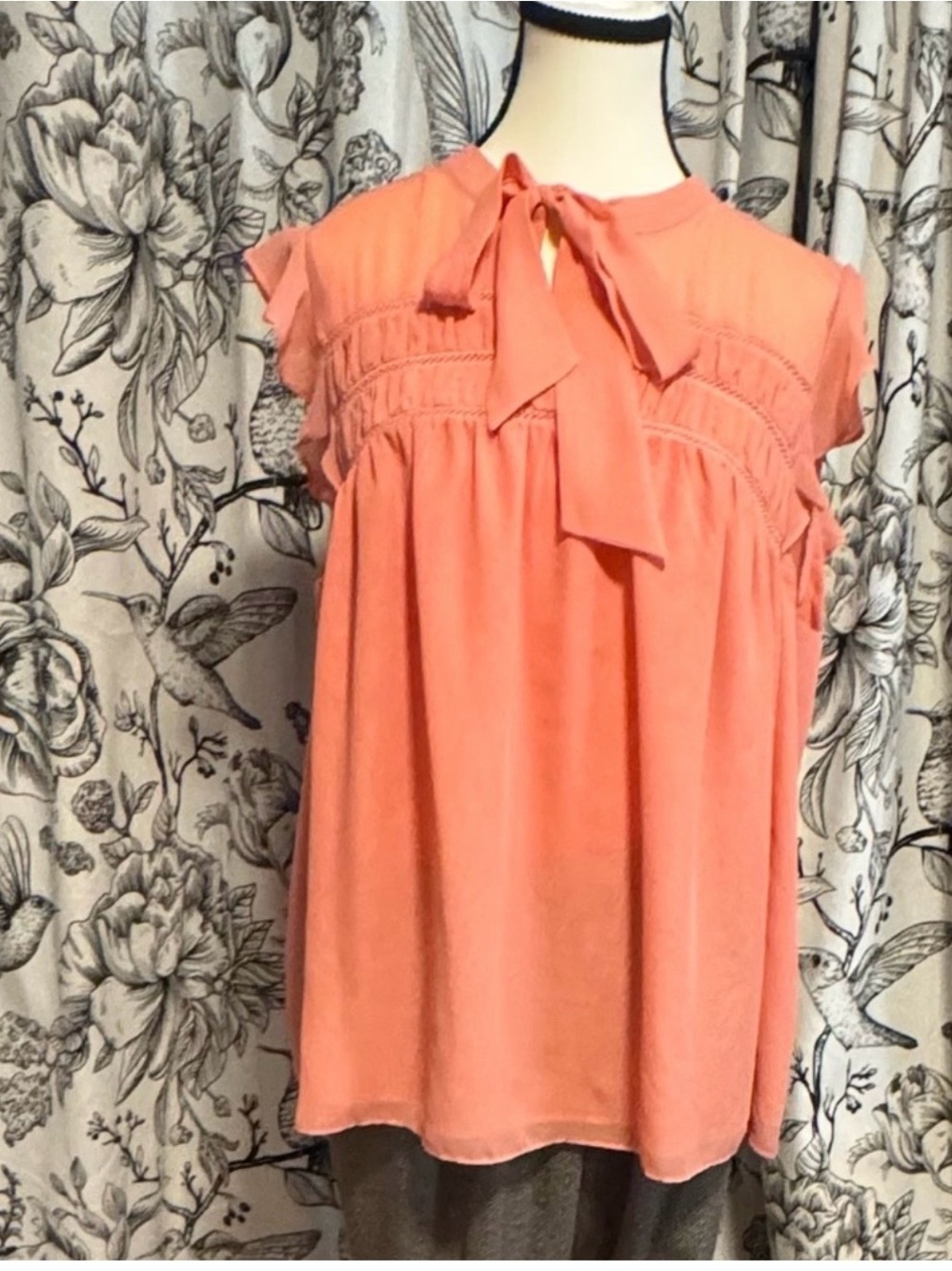 Zara Coral Tie-Neck Smocked Blouse